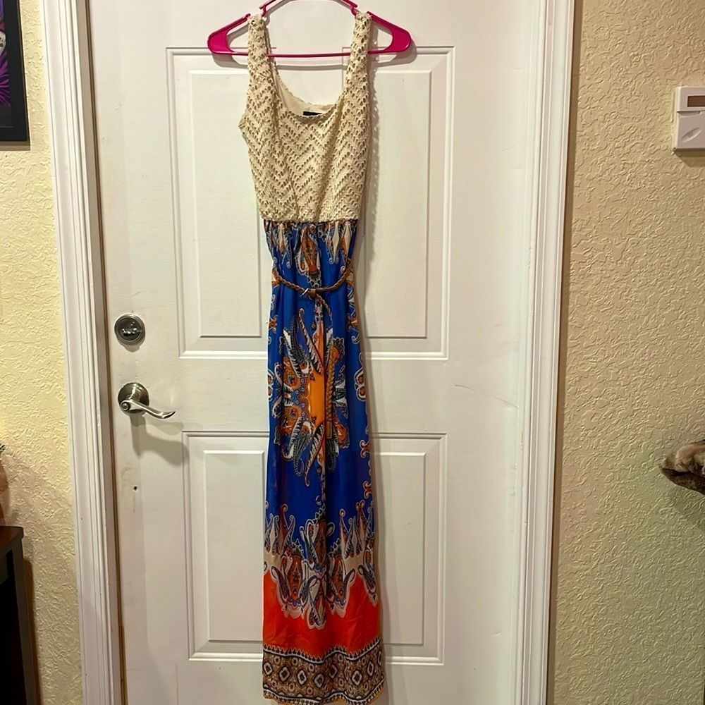 Women's AUW Multicolor Belted‎ Sleeveless Maxi Dress